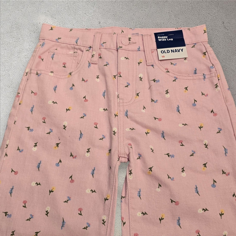 Old Navy Pastel Pink Floral High-Waisted Baggy Wide-Leg Jeans Girls Size 10 - Picture 5 of 10